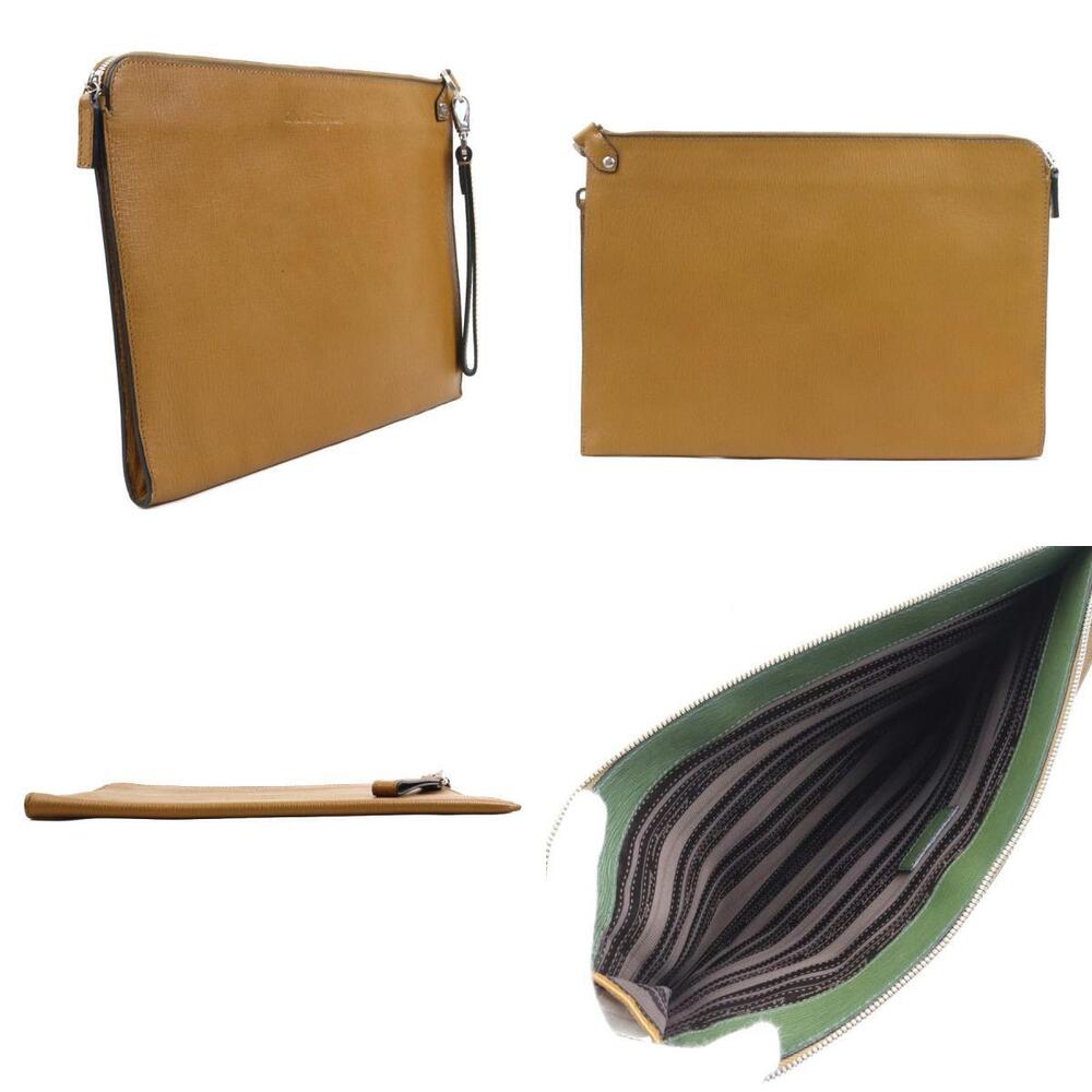 Salvatore Ferragamo leather clutch bag brown silver